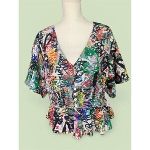 Live 4 Truth Graffiti Print Smocked Waist Peplum Top Womens 2X Streetwear V-Neck